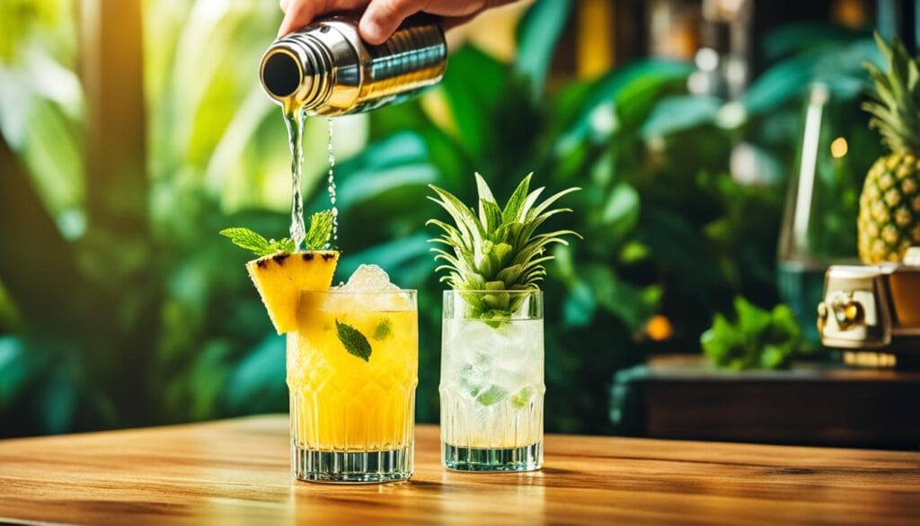 homemade pineapple rum cocktail preparation