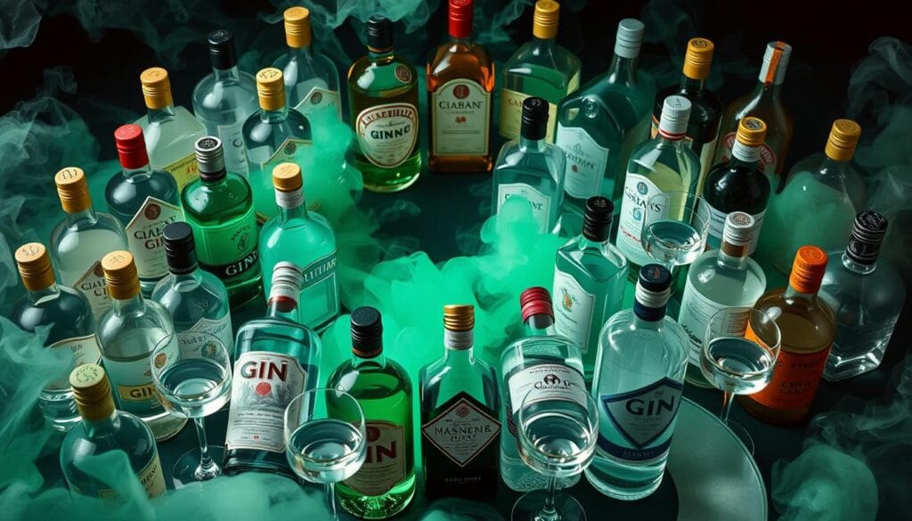 Variety of gin bottles and glasses